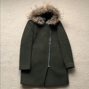 Sandro Paris Khaki Coat Fur Trimmed hood